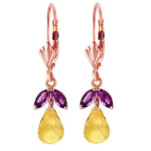 14K. GOLD LEVERBACK EARRING W CITRINES & AMETHYST